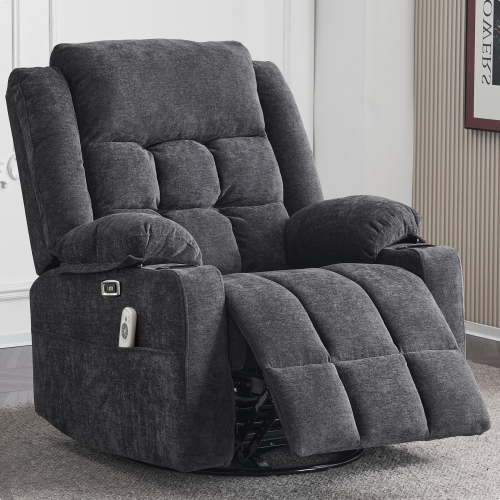 Sfxingyou Power Swivel Rocker Recliner Chair, Rocking, Adult, Fabric, Solid Print, Home Theater, Heated and USB/Type-C, Dark Grey