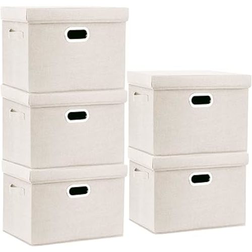 TYEERS Large Storage Bins with Lids, Collapsible, Washable, Fabric Storage Boxes for Organizing, 17.3x11.8x11.4 inches, 5 Pack, Beige