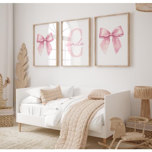 Pink Bow Watercolor Wall Art Set of 3 Prints Personalized Name Sign Girl Room Decor Custom Initial Girly Art, Girls Nursery Decor Printable