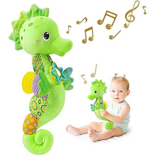 Sumobaby Infant Baby Musical Stuffed Animal Activity Soft Toys with Multi-Sensory Crinkle, Rattle and Textures, for Tummy Time Newborn 0-3-6-12 Months Boys, Girls, Seahorses, Green