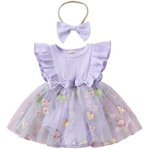 Hnyenmcko Newborn Baby Girl Summer Romper Dress Infant Fly Sleeve Flower Embroidery Mesh Tulle Skirt Hem Ribbed Bodysuit
