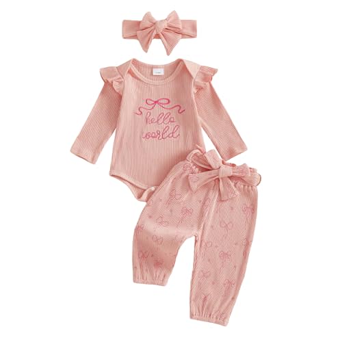 Twopumpkin Newborn Clothes Baby Girl Little sister Coming Home Outfit Ribbed Romper Muslin Pants Headband 0 3 6 9 12 Month