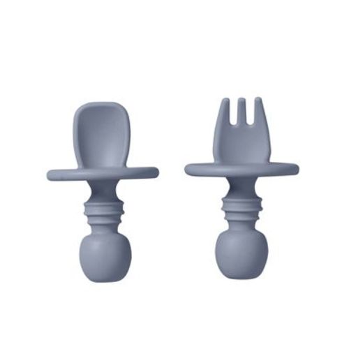 SARO “Nordic” Mist Blue Training Utensil Set: Silicone Ergonomic Spoon & Fork for Baby-Led Weaning | Anti-Choke Safety Utensils