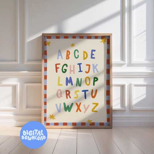 Colourful Alphabet Print for Kids:Red Playful ABC Wall Art, Nursery & Playroom Decor (Digital Download)
