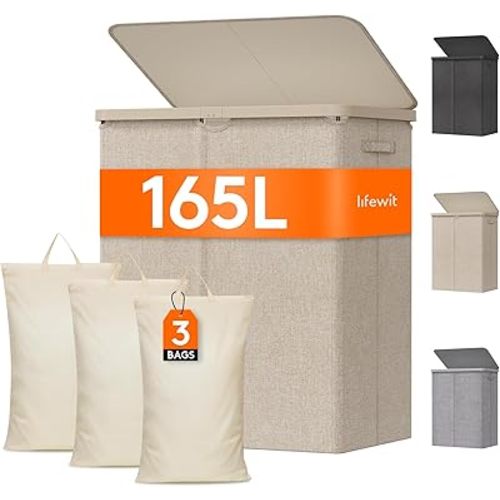 Lifewit 165L Large Laundry Basket with Lid, Laundry Hamper with Plastic Handles and Removable Bag, Foldable Tall Dirty Clothes Hampers for Laundry for Laundry Room, Bedroom, Bathroom, Dorm, Beige