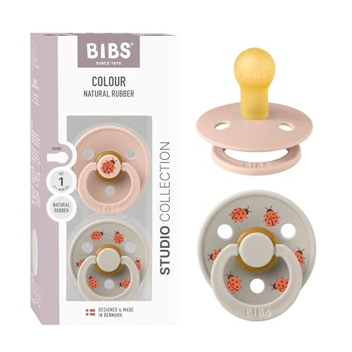 BIBS Studio Soother 2-Pack, BPA Free Dummy Pacifier, Round Nipple. Natural Rubber Latex, Made in Denmark, Size 1 (0-6 Months), Blush/Sand