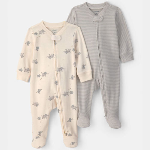 Baby 2-Pack Elephant Striped 100% Cotton 2-Way Zip Sleepers - Grey/Cream | Carter’s Oshkosh Canada