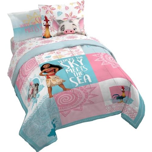 Jay Franco Disney Moana Queen Comforter Set – Tropical Patchwork 7 Piece Bedding Features Pua and HEI HEI - Includes Sheet Set & Pillow Covers - Super Soft Kids Microfiber Bed Set