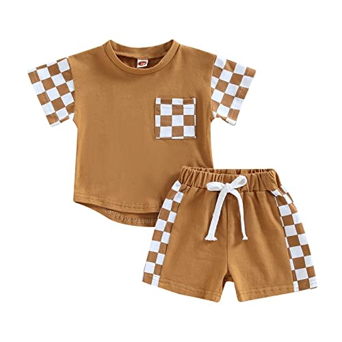 Newborn Baby Girl Boy Summer Clothes Checkered Plaid Short Sleeve T-Shirt Tops Shorts Set Color Block Outfit