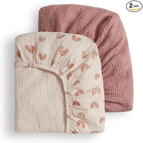 Blissful Diary Muslin Crib Sheets, 2 Pack, Dusty Pink & Rainbow | fitted for 52''x28'' crib mattress, soft and breathable cotton, boho style, easy care for machine wash, gift for boy and girl
