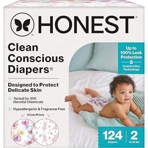 The Honest Company Clean Conscious Diapers for Delicate Skin | Up to 100% Leakproof | Hypoallergenic, Fragrance Free | Girl Prints | Super Club Box, Size 2 (12-18 lbs), 124 Count (Prints May Vary)