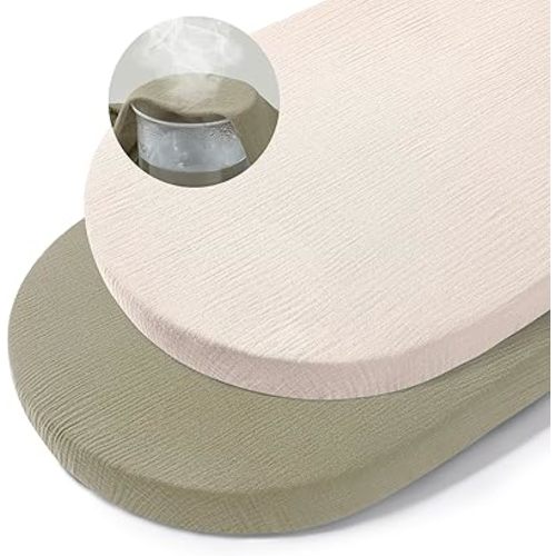 Basumee Muslin Bassinet Sheets for Baby Girl Boy 2 Pack Soft Breathable Baby Bedside Bassinet Fitted Sheets with Bottom Elastic Band Mattress Cover for Rectangle Oval Hourglass Bassinets