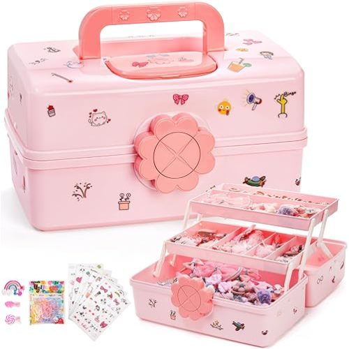 ZOOFOX Cute Hair Accessories Organizer for Girls, 3-Layers Pink Craft Storage Container with Handle, Lockable Storage Box for Hair Clip, Headband, Scrunchie, Cosmetic, Sewing, Toy, Washi Tape