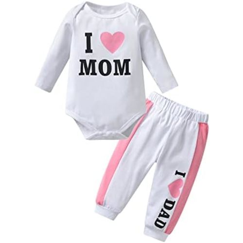 Kulcerry Newborn Baby Girl Clothes I Love Mom and I Love Dad Printed Bodysuit Pants Infant Girls Outfits Set
