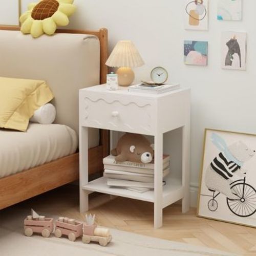 KTMBDW Nightstand with Drawer and Open Shelf, Modern Wave Pattern Bedside Table, Solid Wood Frame End Table for Bedroom, Living Room, White