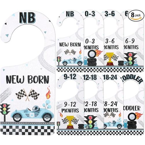 Baby Closet Dividers 8PCS, Racing/Race Car Theme Wooden Double-Sided Clothes Size Hanger Organizer from Newborn to Toddler for Nursery Decor Baby Shower Birthday Gift (Includes Gift Box)
