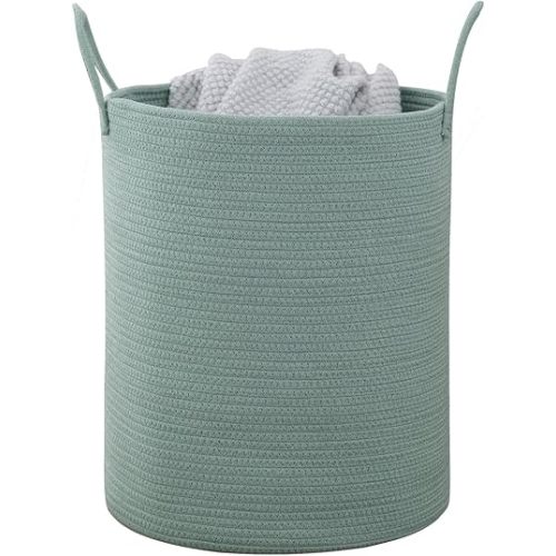 Woven Basket Nursery Laundry Hamper with Handles, Clothes Storage Organizer, Woven Basket for Boy Room Decor, Toy & Blanket Storage Bin, 15x15x18 Inch,Green,1pc