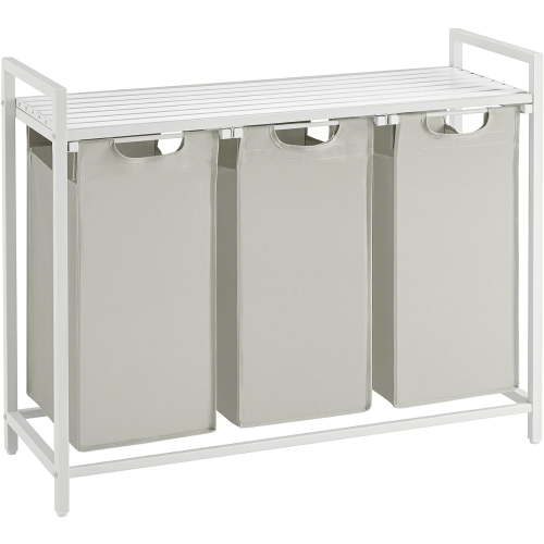 3 Section Laundry Hamper with shelf Laundry Sorter with 3 Pull-Out and Removable Bags for Bathroom Laundry Room White
