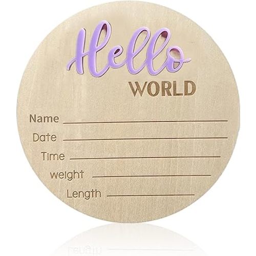 Baby Announcement Sign, ​5.9 Inch Wooden Hello World Newborn Signs, Birth Announcement Sign, Baby Shower Hospital Nursery for Newborn Boys and Girls… (Purple)