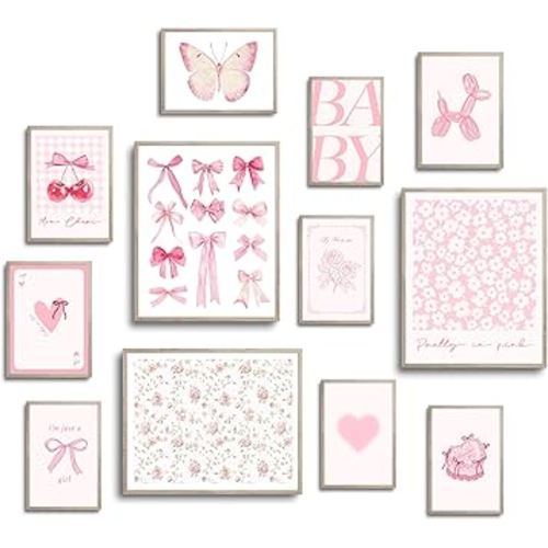 TwoDays Pink Coquette Room Decor Aesthetic, Light Pink Bows Wall Art Posters, Trendy Pictures for Girls Dorm, Funky Girly Prints for Bedroom. (Multi Sizes, 8" X 10" Largest, Set of 12, UNFRAMED)