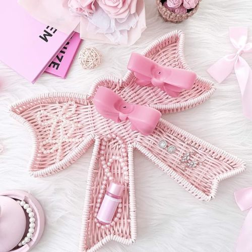 Sanwuta Pink Bow Rattan Vanity Tray Coquette Organizer for Cosmetics, Jewelry, Perfume, Candle, Key Cute Rattan Tray for Bathroom, Kitchen, Countertop, Enteryway, Toilet Tank, Sink