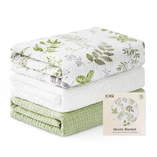 EXQ Home Muslin Swaddle Blankets for Baby, 3 Pack Cotton Breathable Soft Receiving Blankets for Newborn Boys and Girls, Baby Essentials & Gift, 38x40 inches(Green Leaves)