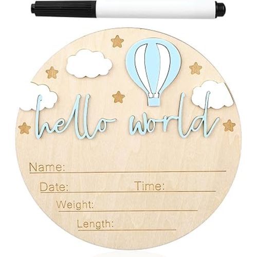 Wooden Baby Announcement Sign, Hello World Newborn Birth Sign Welcome Baby Name Plaque for Home Hospital Nursery Newborn Gift Accessories(Blue)