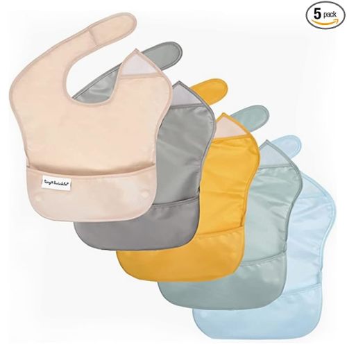 Tiny Twinkle Mess-Proof Baby Bib - Waterproof Bib for Baby Boy or Girl - Machine Washable - Adjustable Closure - PVC, BPA & Phthalate Free - Great for Travel - Baby Food Bibs (5 Pack, Unisex Solids)