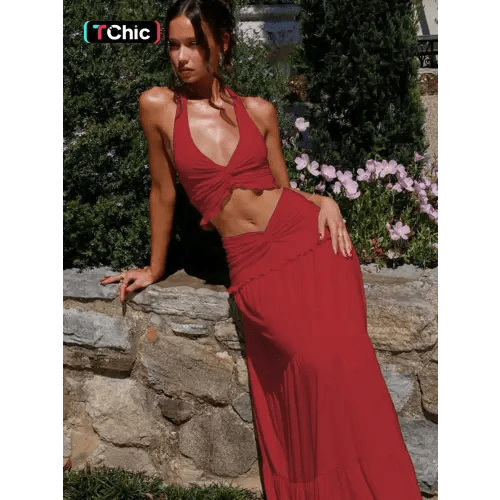 Women's Solid Halter Neck Sleeveless Crop Top & Long Skirt Two-piece Set, Casual Fashion Cozy Two Piece Outfits for Daily Outdoor Wear, Ladies Clothes for Summer - TikTok Shop