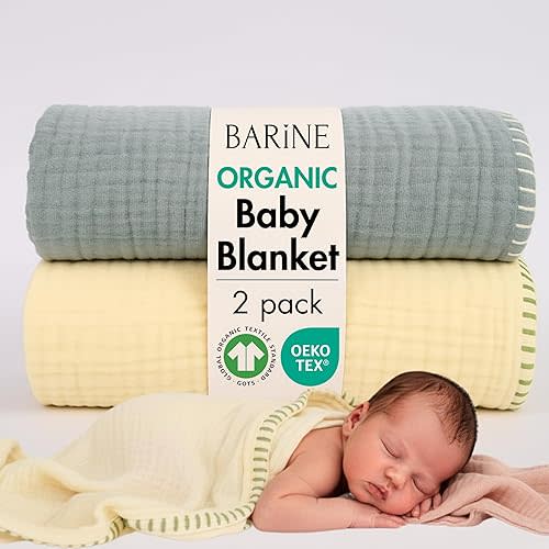 Barine Baby Blankets for Boys & Girls – 100% Organic Turkish Cotton 4-Layer Muslin Blankets for Newborn & Toddler | GOTS & Oeko-TEX Certified | (2, Blue-Pale Yellow, Baby | 33x33 inches)