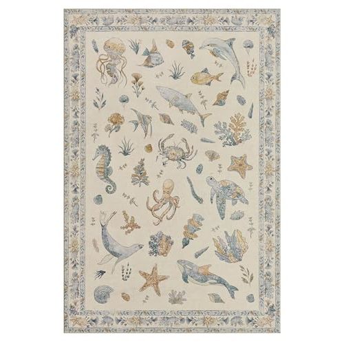 Beachy Coastal 6x9 Washable Nursery Rug (Blue Multi, 6' x 9') | Soft Marine Fish Faux Wool Stain Resistant Non-Slip Backing for Playroom Classroom Living Room Bedside Cute Nautical Ocean