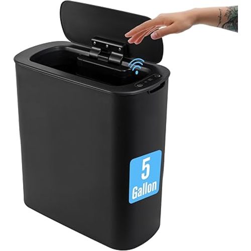 Cesun 5 Gallon Automatic Bathroom Trash Can, Touchless Motion Sensor Garbage Can with Lid, Smart Plastic Slim Wastebasket for Bathroom, Office, rv, Bedroom, Living Room, Black