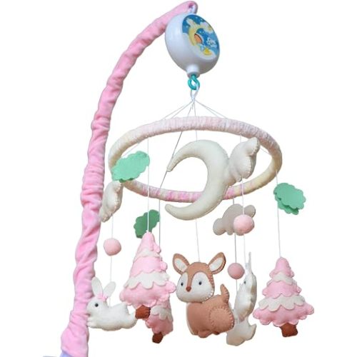 Pink Woodland Baby Mobile for Crib | Forest Animals Crib Mobile for Girls | Musical Baby Crib Mobile with 12 Lullabies | Pink Woodland Nursery Decor Gift