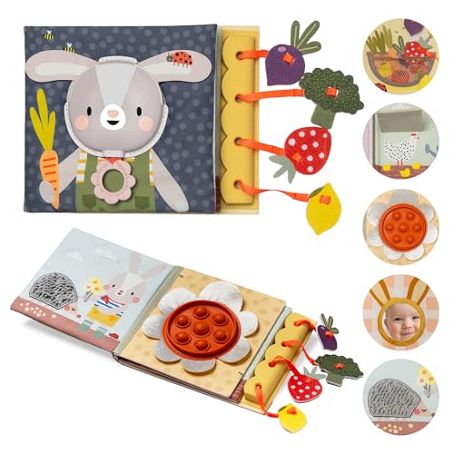 Taf Toys Sensory Busy Book for Babies 6-12 Months, Montessori Busy Book Toddlers 1-3, Interactive Sensory Activity Book with Pop-It, Baby-Safe Mirror - Promotes Fine Motor Skills & Sensory Curiosity.