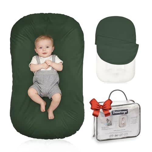 Baby Lounger for Newborn - Snuggle Cozy Me Lounger | Breathable Soft Cotton, 0-24 Months Portable Playtime Baby Nest, Newborn Baby Essentials Gifts- Moss (1 Lounger + 1 Cover)