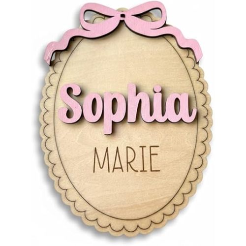 Personalized Baby Announcement Sign with Bow, Custom 3D Layered Scalloped Edge Name & Birth Stat Board for Newborn Photos (Name Sign)