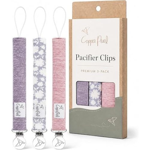Copper Pearl Pacifier Clip 3-Pack: Premium Knit Binky Clips for Baby Girls and Boys - Stylish Stainless Steel Pacifier Holder Clip - Baby Pacifier Clips for No More Floor Drops - Lacie