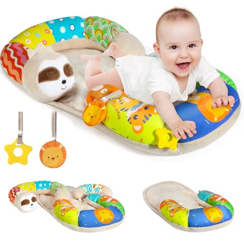 URMYWO Tummy Time Activity Mat - 4 in 1 Cozy Tummy Time Mat for Newborn 0-12 Months, Infant Baby Sit Me Up Floor Seat Early Sensory Development Gifts Tummy Time Play Toys