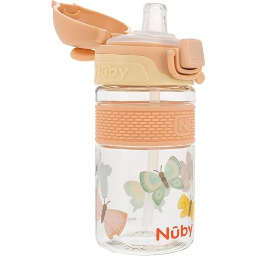 Nuby Thirsty Kids Flip-It Bolt Toddler Cup with Push-Button Locking Flip-Top and Silicone Spout - 12 oz - Easy-Grip and Spill-Resistant - 18+ Months - Butterflies