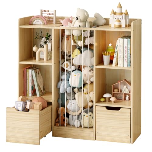 Toy Storage Organizer with Stuffed Animal Storage, Solid Pine Wooden Toy Organizer & Stuffed Animal Zoo, 4 Cubes Shelf with 2 Movable Drawers, 4 -in-1 Book Shelf for Kids Room, Playroom, Nursery