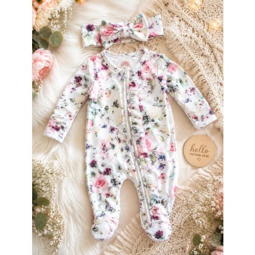 Peony Gardens Newborn Ruffle Footie and Headband Set | Floral Baby Girl Sleeper/Newborn Outfit