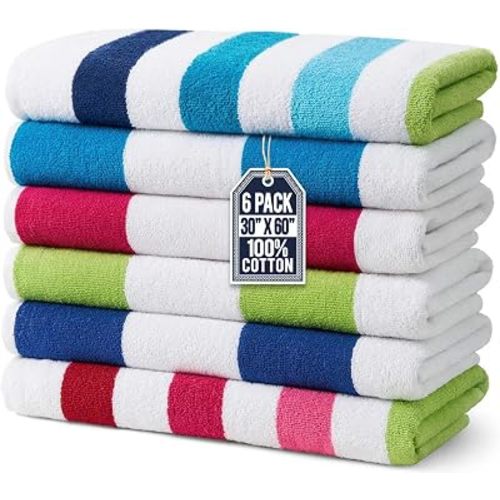 Ben Kaufman Terry Cabana Striped Towels - Oversized Towel for Beach & Pool - Soft Cotton Towels with Absorbent Design - Striped Beach & Pool Towels for Adults & Kids - 6 Pack