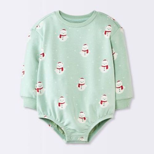Baby Christmas Holiday Snowman Sweatshirt Romper - Cloud Island™ Mint Green