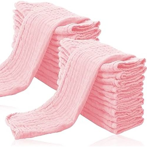 Cute Castle 24 Pack Muslin Burp Cloths for Baby - Ultra-Soft 100% Cotton Baby Washcloths - Large 20'' by 10'' Super Absorbent Milk Spit Up Rags - Burpy Cloths for Unisex, Boy, Girl - Pink