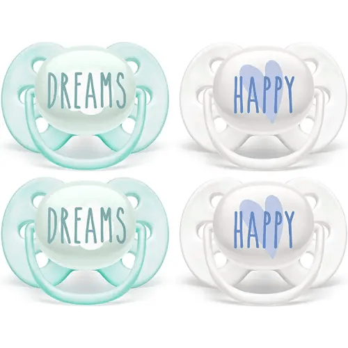 Philips AVENT Ultra Soft Pacifier 0-6 Months, Dreams and Happy Designs, 4 Pack, White/Green, SCF222/43