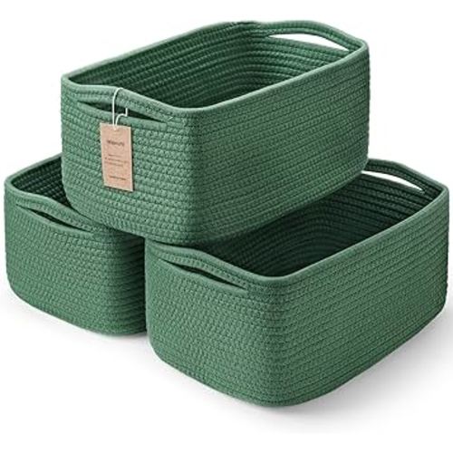 3-Pack Storage Baskets for Organizing | Woven Shelf Toy Basket | Rope Baskets for Gifts Empty | Closet Organizer Bins with Handles | Cube Decorative Box | 13.7×7.1×6.7” | Dark Green