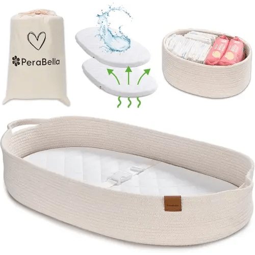 Baby Changing Basket for Baby Dresser, Moses Basket for Babies, Cotton Rope Diaper Changing Basket, Unisex Baby Moses Basket, Foam Diaper Changing Pad for Dresser, Changing Table Topper for Dresser