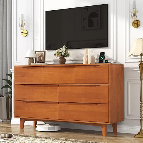 55”Solid Wood Drawers Dresser with Power Outlets, 7 Drawer Dresser for Bedroom, Mid Century Modern Vintage Large Chest of Dresser for Hallway, Entryway,Cutout Handle, Caramel