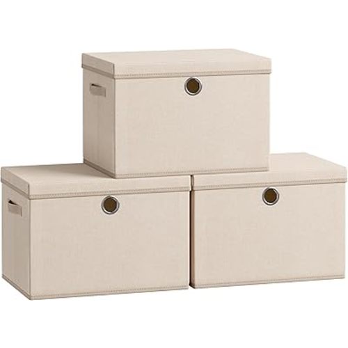SONGMICS Large Storage Bins with Lids, 41 Quart Fabric Closet Organizer, 3 Pack Foldable Storage Boxes, 16.9" L x 11.8" W x 11.8" H, Summer Sand URFB545LF01