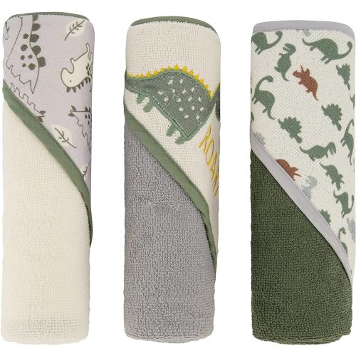 Cudlie Buttons & Stitches Baby Boy 3 Pack Rolled/Carded Hooded Towels in Dino Roar Print (GS71721)